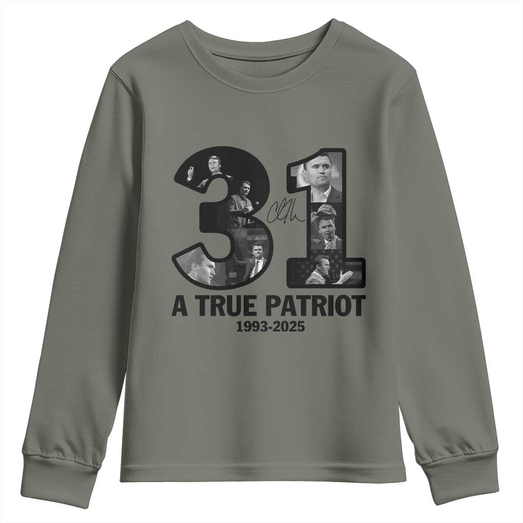 Freedom Number 31 Tribute Graphic Youth Sweatshirt Thank You Charlie Kirk A True Patriot Memorial TS02 Military Green Print Your Wear