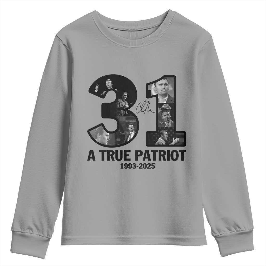 Freedom Number 31 Tribute Graphic Youth Sweatshirt Thank You Charlie Kirk A True Patriot Memorial TS02 Sport Gray Print Your Wear