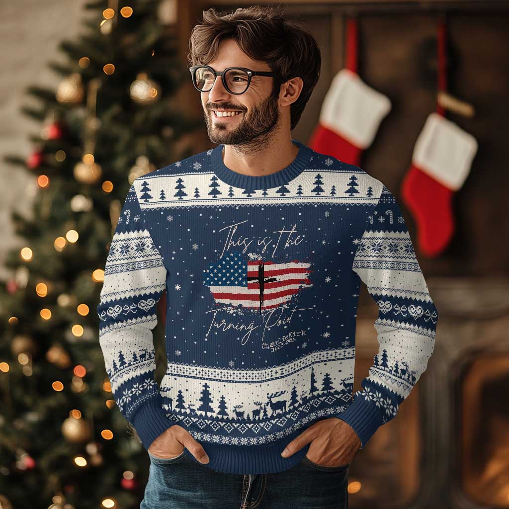 This is The Turning Point Memorial Ugly Christmas Sweater Tribute to A True Patriot Christian Faith American Flag TS02 Navy Beige Print Your Wear