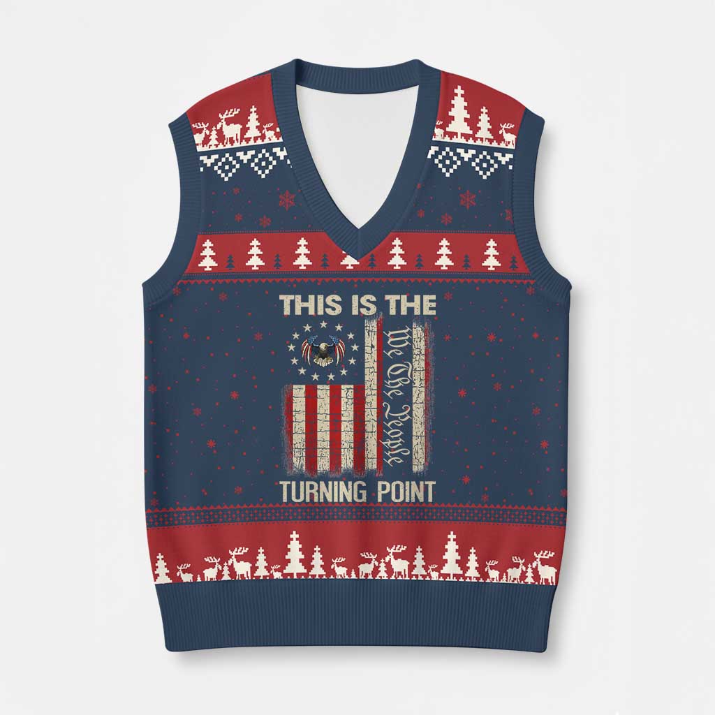 We the People Turning Point V-Neck Knit Sweater Vest Vintage American Flag and Freedom Patriotic Eagle TS02 Navy Red Print Your Wear