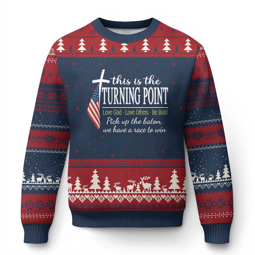 Faith Fueled Turning Point Ugly Christmas Sweater Christian Patriot Cross and American Flag TS02 Navy Red Print Your Wear