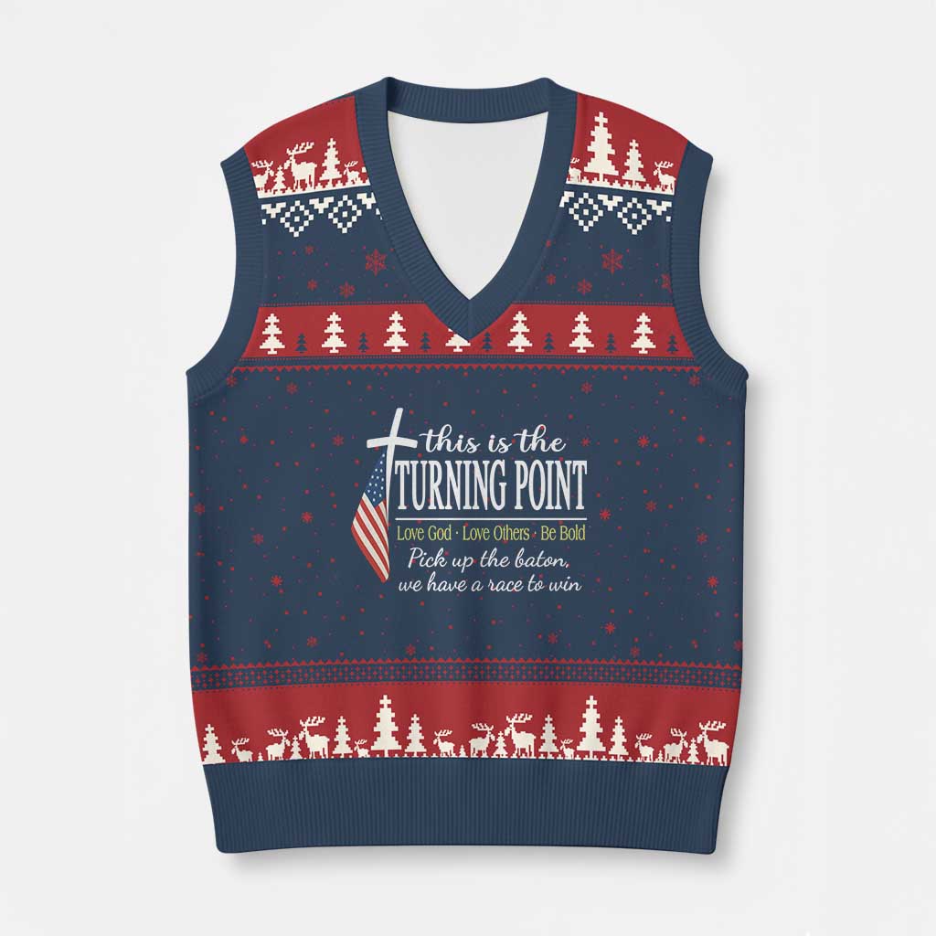 Faith Fueled Turning Point V-Neck Knit Sweater Vest Christian Patriot Cross and American Flag TS02 Navy Red Print Your Wear