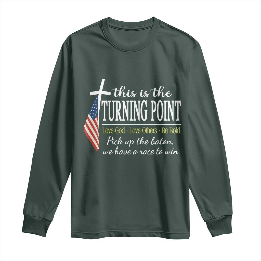 Faith Fueled Turning Point Long Sleeve Shirt Christian Patriot Cross and American Flag TS02 Dark Forest Green Print Your Wear