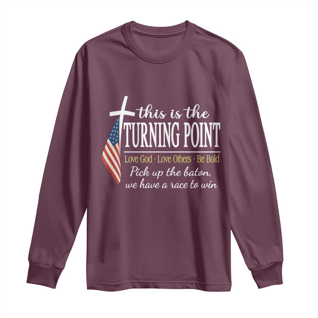 Faith Fueled Turning Point Long Sleeve Shirt Christian Patriot Cross and American Flag TS02 Maroon Print Your Wear