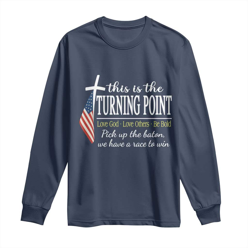 Faith Fueled Turning Point Long Sleeve Shirt Christian Patriot Cross and American Flag TS02 Navy Print Your Wear