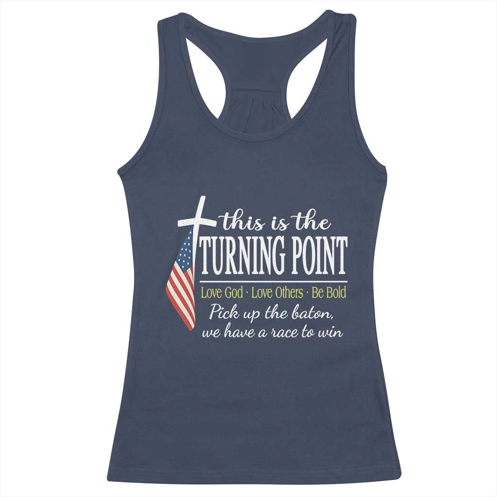 Faith Fueled Turning Point Racerback Tank Top Christian Patriot Cross and American Flag TS02 Navy Print Your Wear