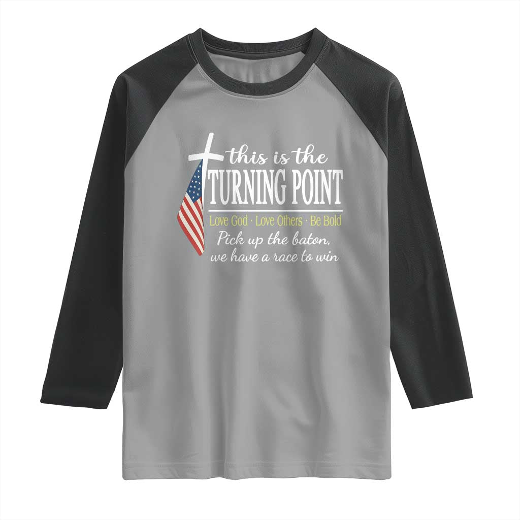 Faith Fueled Turning Point Raglan Shirt Christian Patriot Cross and American Flag TS02 Sport Gray Black Print Your Wear