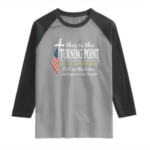 Faith Fueled Turning Point Raglan Shirt Christian Patriot Cross and American Flag TS02 Sport Gray Black Print Your Wear