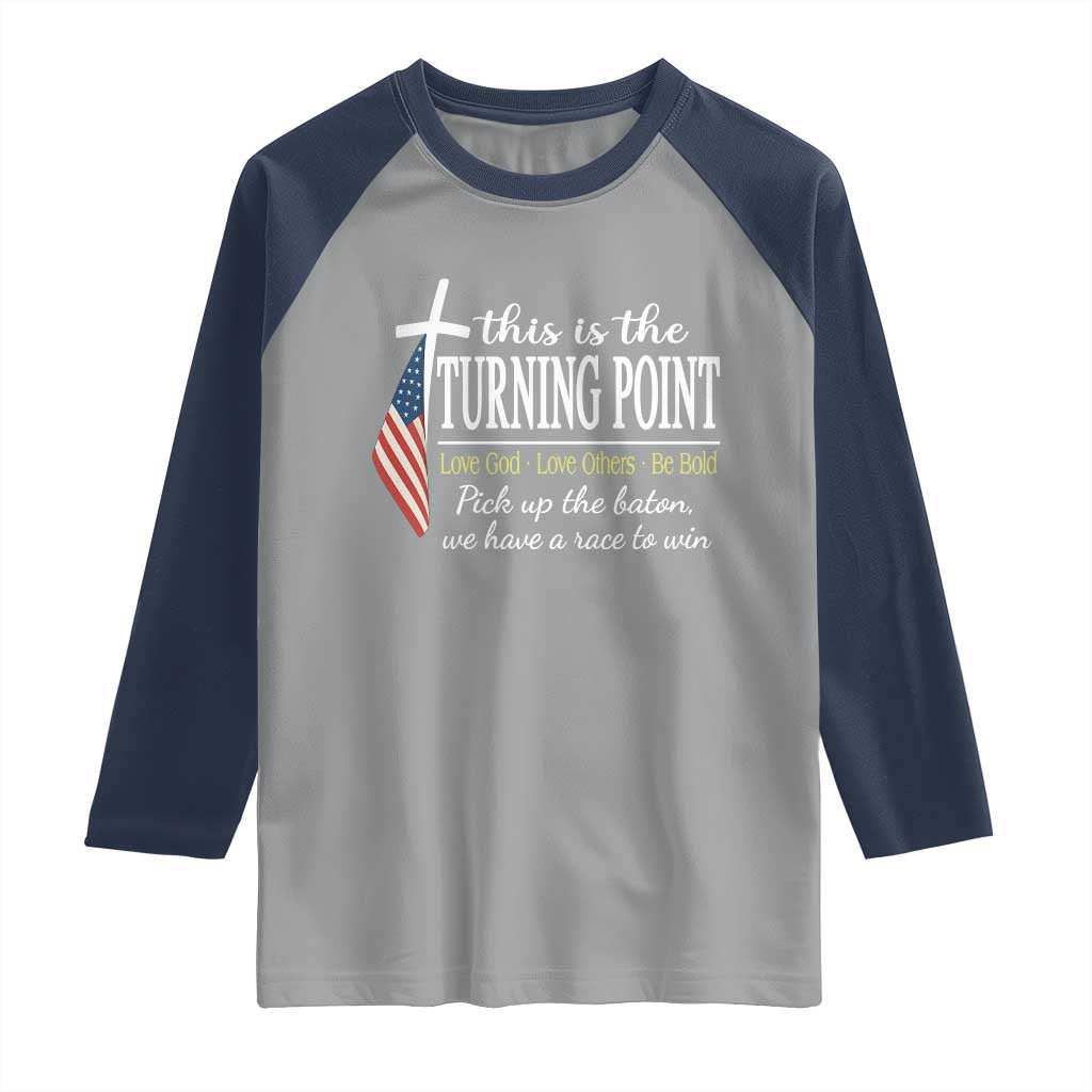 Faith Fueled Turning Point Raglan Shirt Christian Patriot Cross and American Flag TS02 Sport Gray Navy Print Your Wear