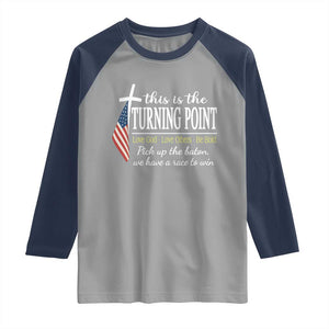 Faith Fueled Turning Point Raglan Shirt Christian Patriot Cross and American Flag TS02 Sport Gray Navy Print Your Wear