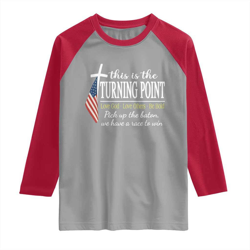 Faith Fueled Turning Point Raglan Shirt Christian Patriot Cross and American Flag TS02 Sport Gray Red Print Your Wear
