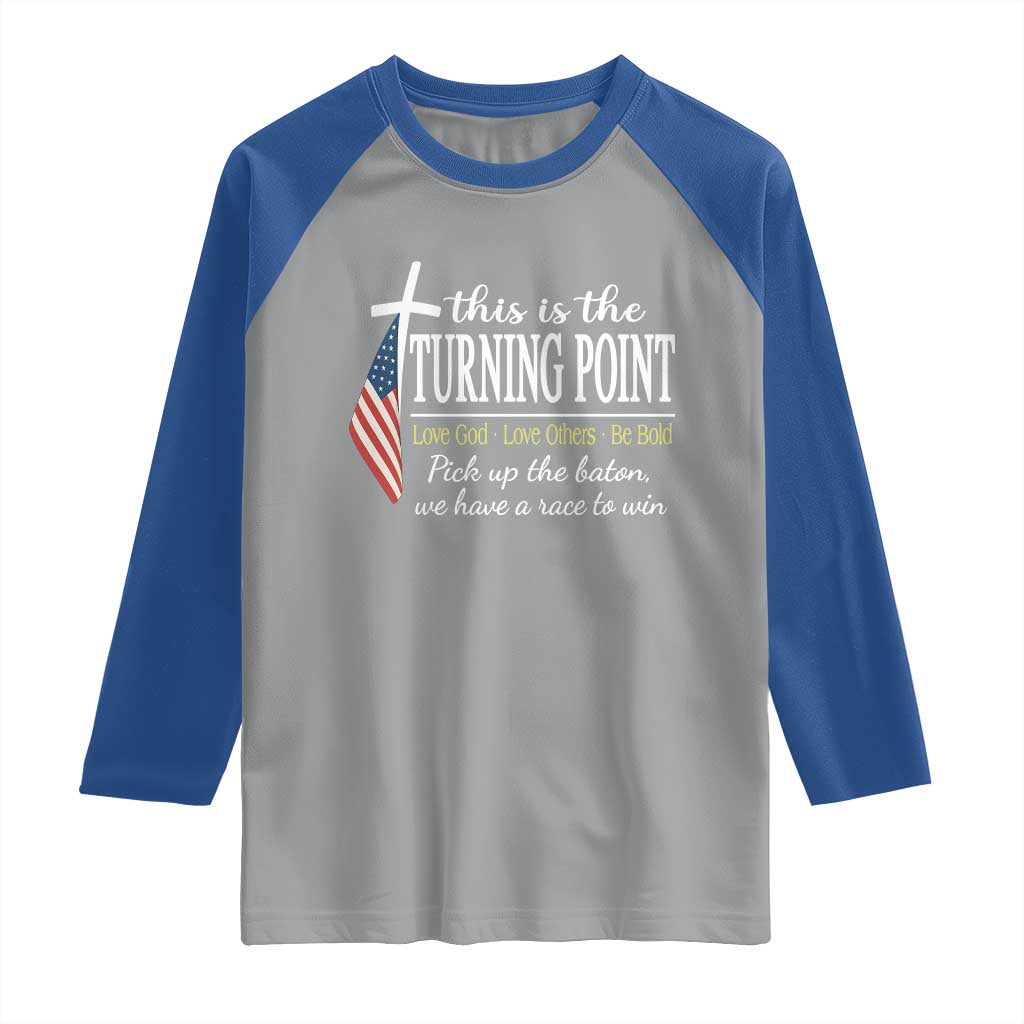 Faith Fueled Turning Point Raglan Shirt Christian Patriot Cross and American Flag TS02 Sport Gray Royal Print Your Wear