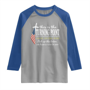 Faith Fueled Turning Point Raglan Shirt Christian Patriot Cross and American Flag TS02 Sport Gray Royal Print Your Wear