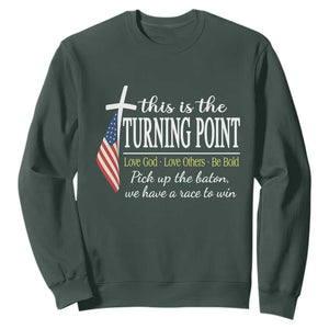 Faith Fueled Turning Point Sweatshirt Christian Patriot Cross and American Flag TS02 Dark Forest Green Print Your Wear