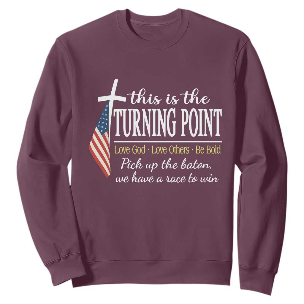Faith Fueled Turning Point Sweatshirt Christian Patriot Cross and American Flag TS02 Maroon Print Your Wear