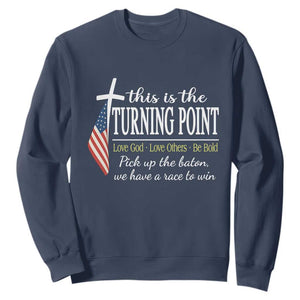 Faith Fueled Turning Point Sweatshirt Christian Patriot Cross and American Flag TS02 Navy Print Your Wear