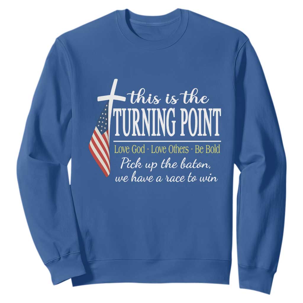 Faith Fueled Turning Point Sweatshirt Christian Patriot Cross and American Flag TS02 Royal Blue Print Your Wear