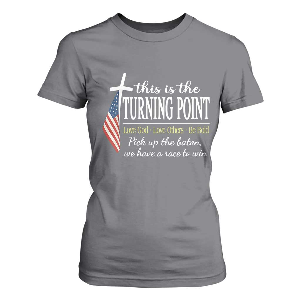 Faith Fueled Turning Point T Shirt For Women Christian Patriot Cross and American Flag TS02 Charcoal Print Your Wear