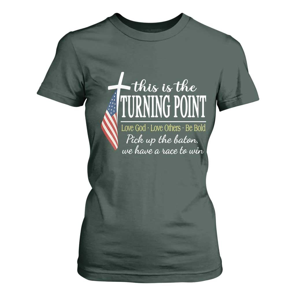 Faith Fueled Turning Point T Shirt For Women Christian Patriot Cross and American Flag TS02 Dark Forest Green Print Your Wear