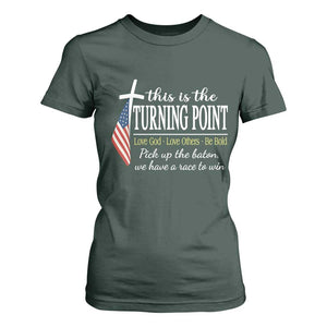 Faith Fueled Turning Point T Shirt For Women Christian Patriot Cross and American Flag TS02 Dark Forest Green Print Your Wear