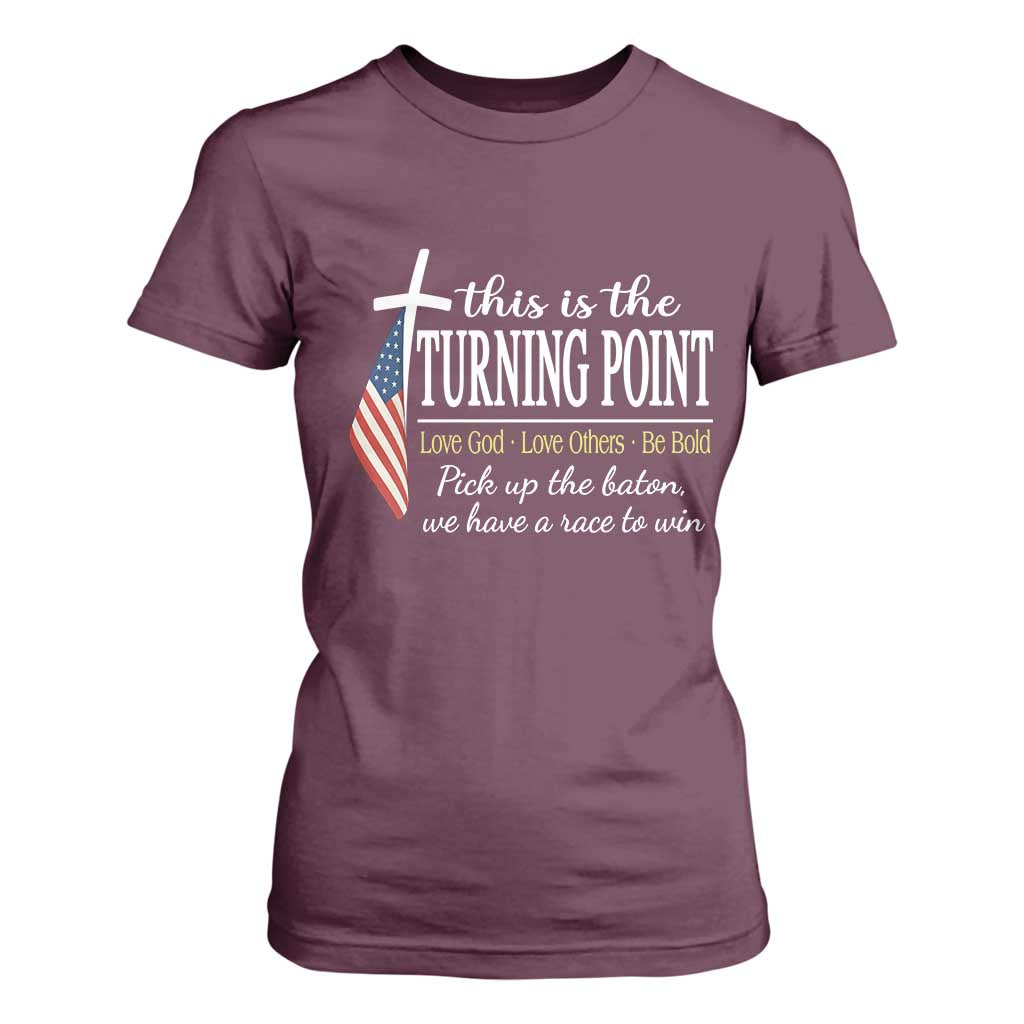 Faith Fueled Turning Point T Shirt For Women Christian Patriot Cross and American Flag TS02 Maroon Print Your Wear