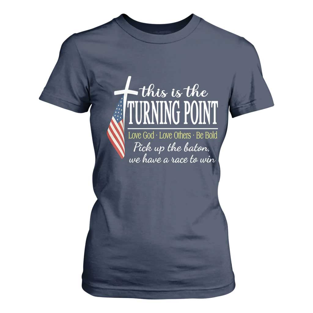 Faith Fueled Turning Point T Shirt For Women Christian Patriot Cross and American Flag TS02 Navy Print Your Wear