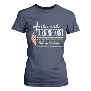 Faith Fueled Turning Point T Shirt For Women Christian Patriot Cross and American Flag TS02 Navy Print Your Wear