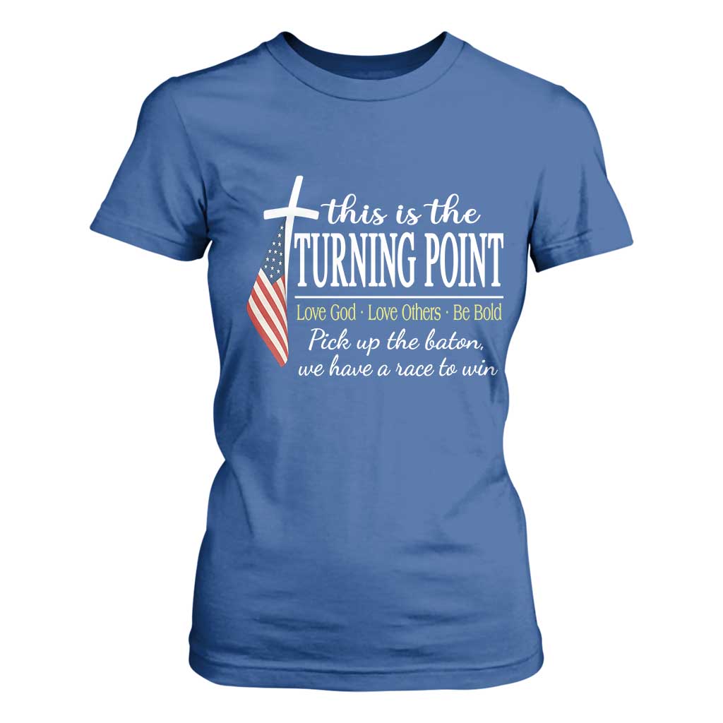 Faith Fueled Turning Point T Shirt For Women Christian Patriot Cross and American Flag TS02 Royal Blue Print Your Wear