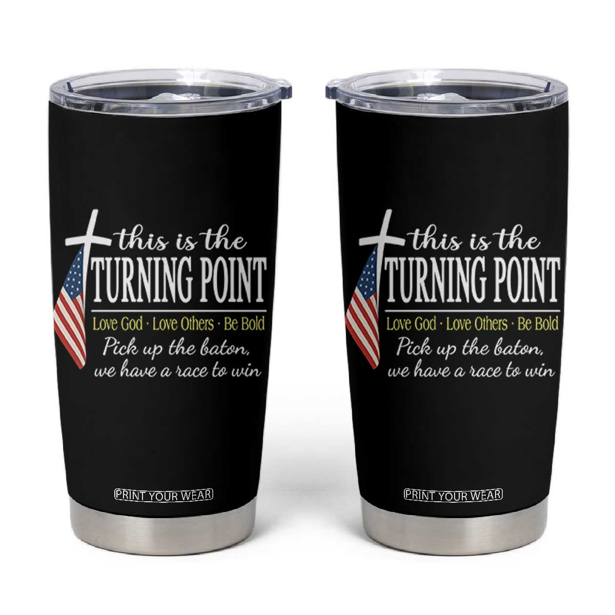 Faith Fueled Turning Point Tumbler Cup Christian Patriot Cross and American Flag TS02 Black Print Your Wear