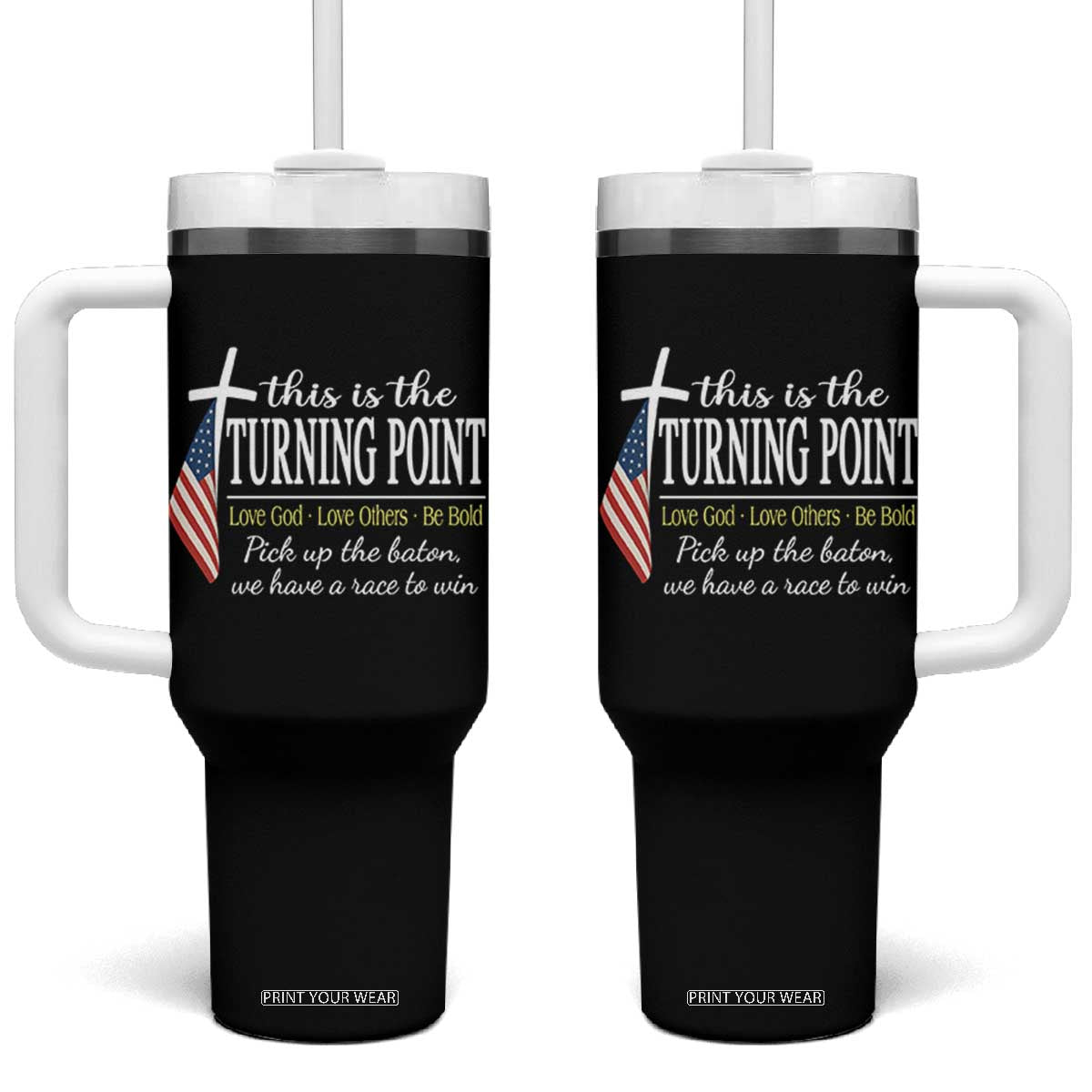 Faith Fueled Turning Point Tumbler With Handle Christian Patriot Cross and American Flag TS02 One Size: 40 oz Black Print Your Wear