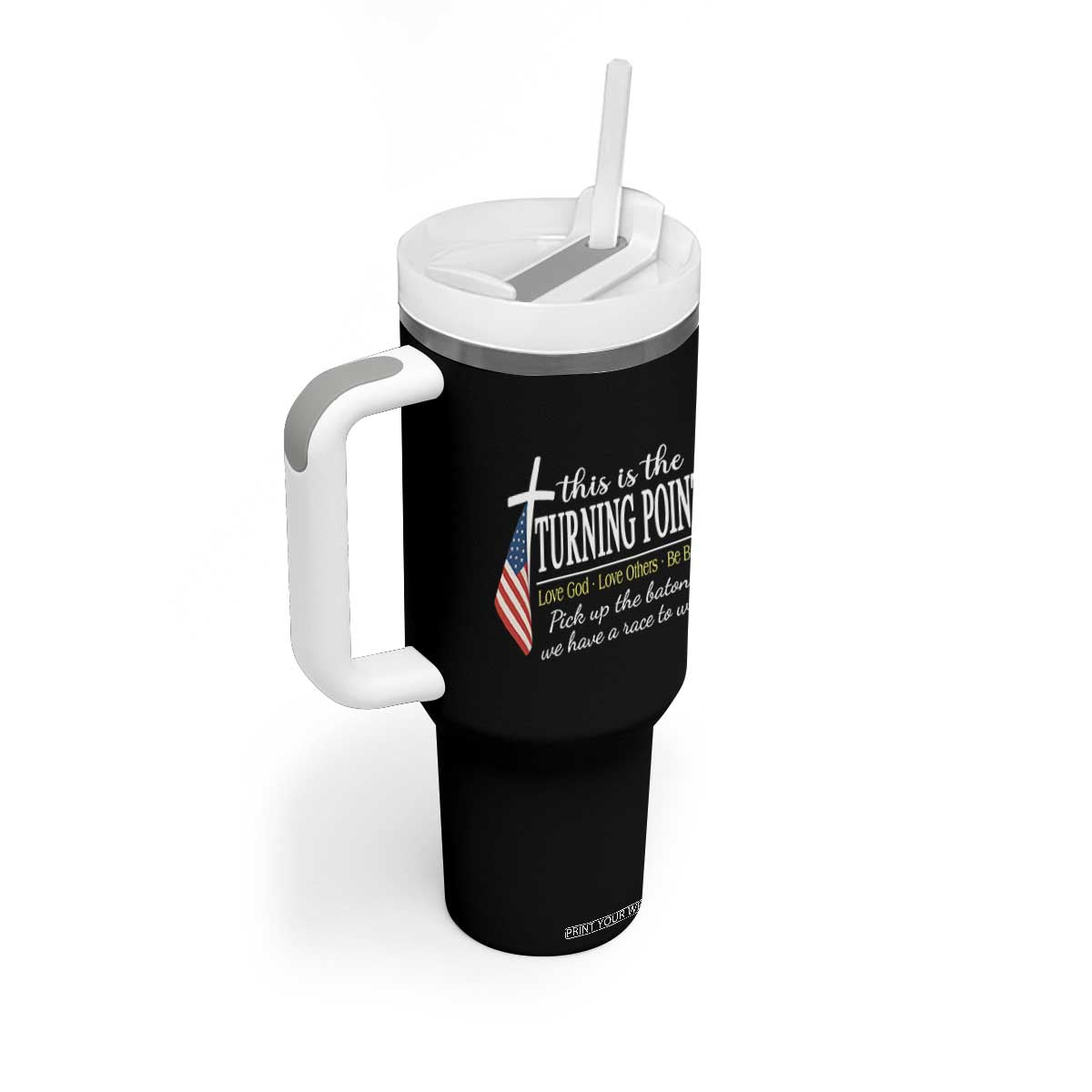 Faith Fueled Turning Point Tumbler With Handle Christian Patriot Cross and American Flag TS02 Print Your Wear