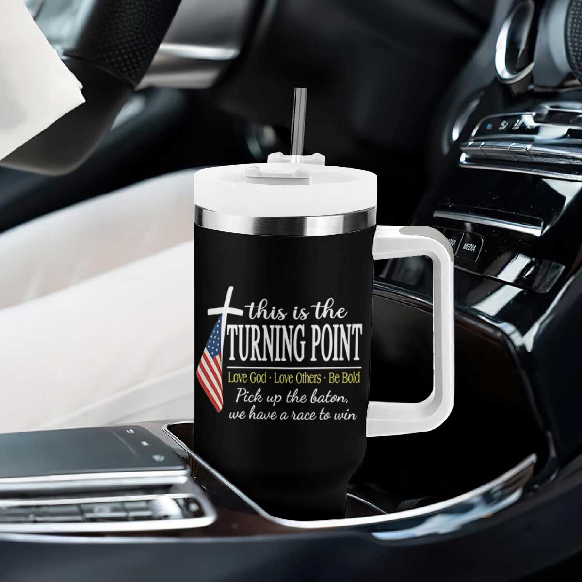 Faith Fueled Turning Point Tumbler With Handle Christian Patriot Cross and American Flag TS02 Print Your Wear
