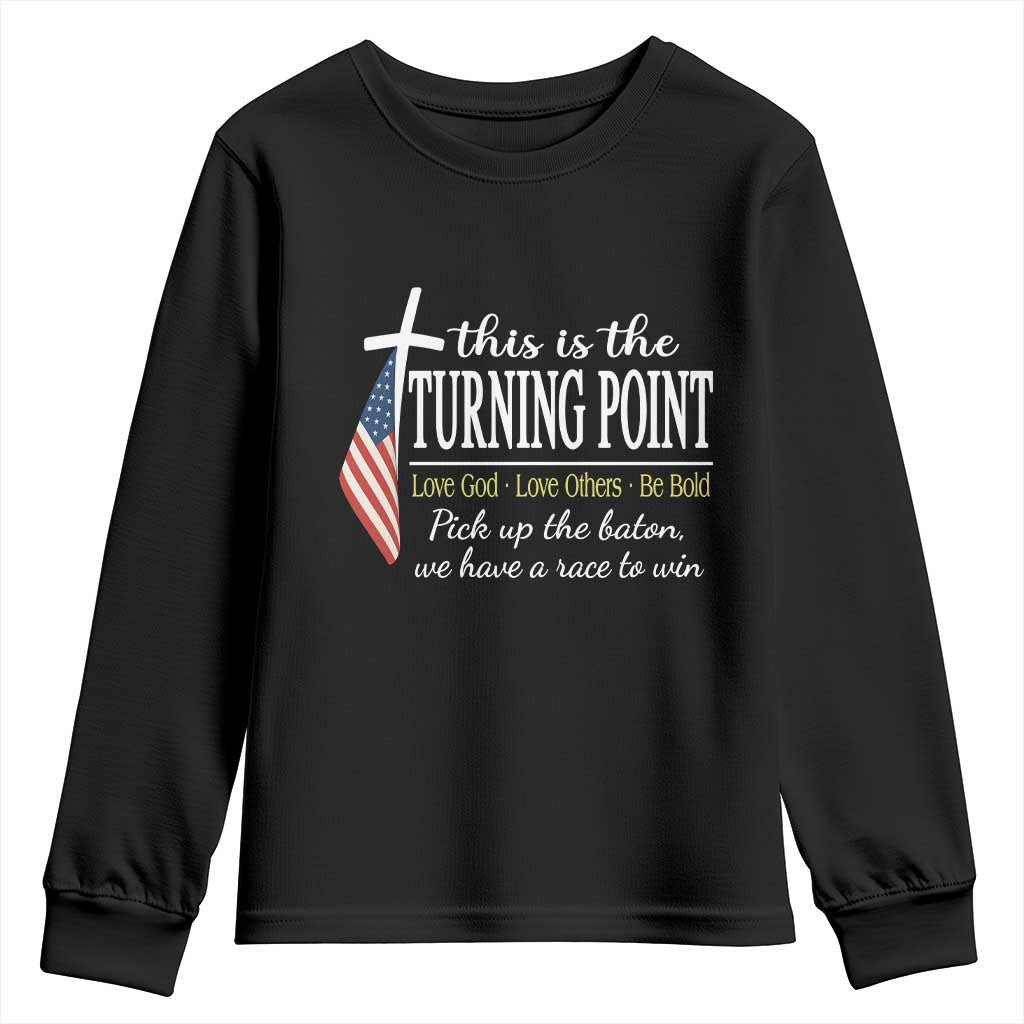 Faith Fueled Turning Point Youth Sweatshirt Christian Patriot Cross and American Flag TS02 Black Print Your Wear