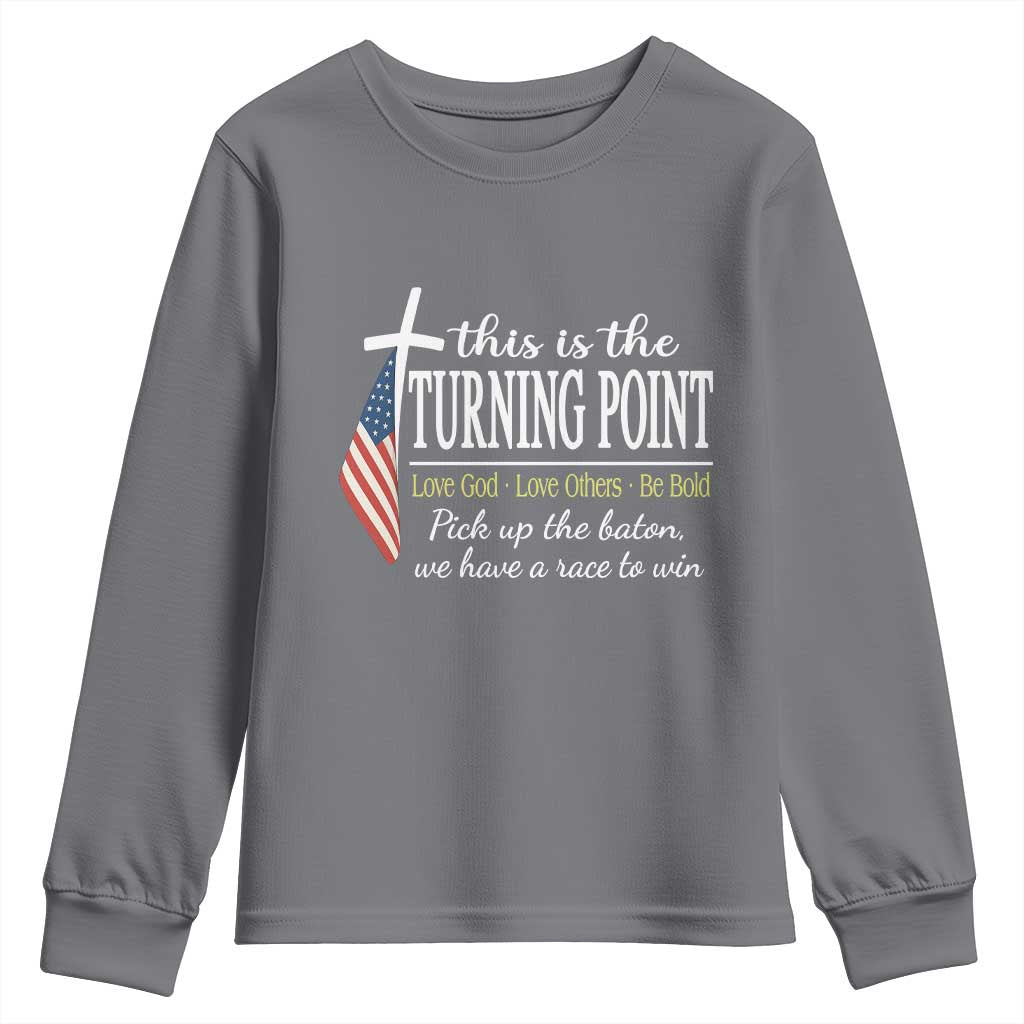 Faith Fueled Turning Point Youth Sweatshirt Christian Patriot Cross and American Flag TS02 Charcoal Print Your Wear