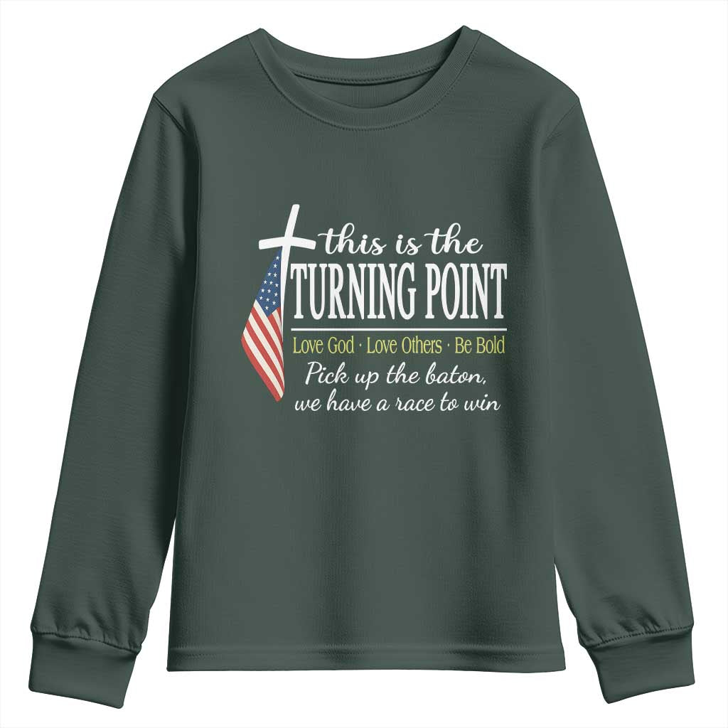 Faith Fueled Turning Point Youth Sweatshirt Christian Patriot Cross and American Flag TS02 Dark Forest Green Print Your Wear