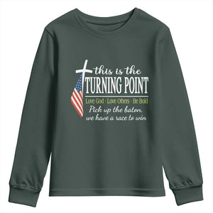 Faith Fueled Turning Point Youth Sweatshirt Christian Patriot Cross and American Flag TS02 Dark Forest Green Print Your Wear