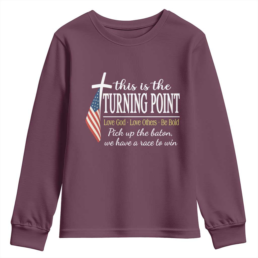Faith Fueled Turning Point Youth Sweatshirt Christian Patriot Cross and American Flag TS02 Maroon Print Your Wear