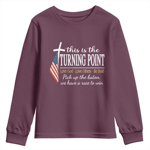 Faith Fueled Turning Point Youth Sweatshirt Christian Patriot Cross and American Flag TS02 Maroon Print Your Wear