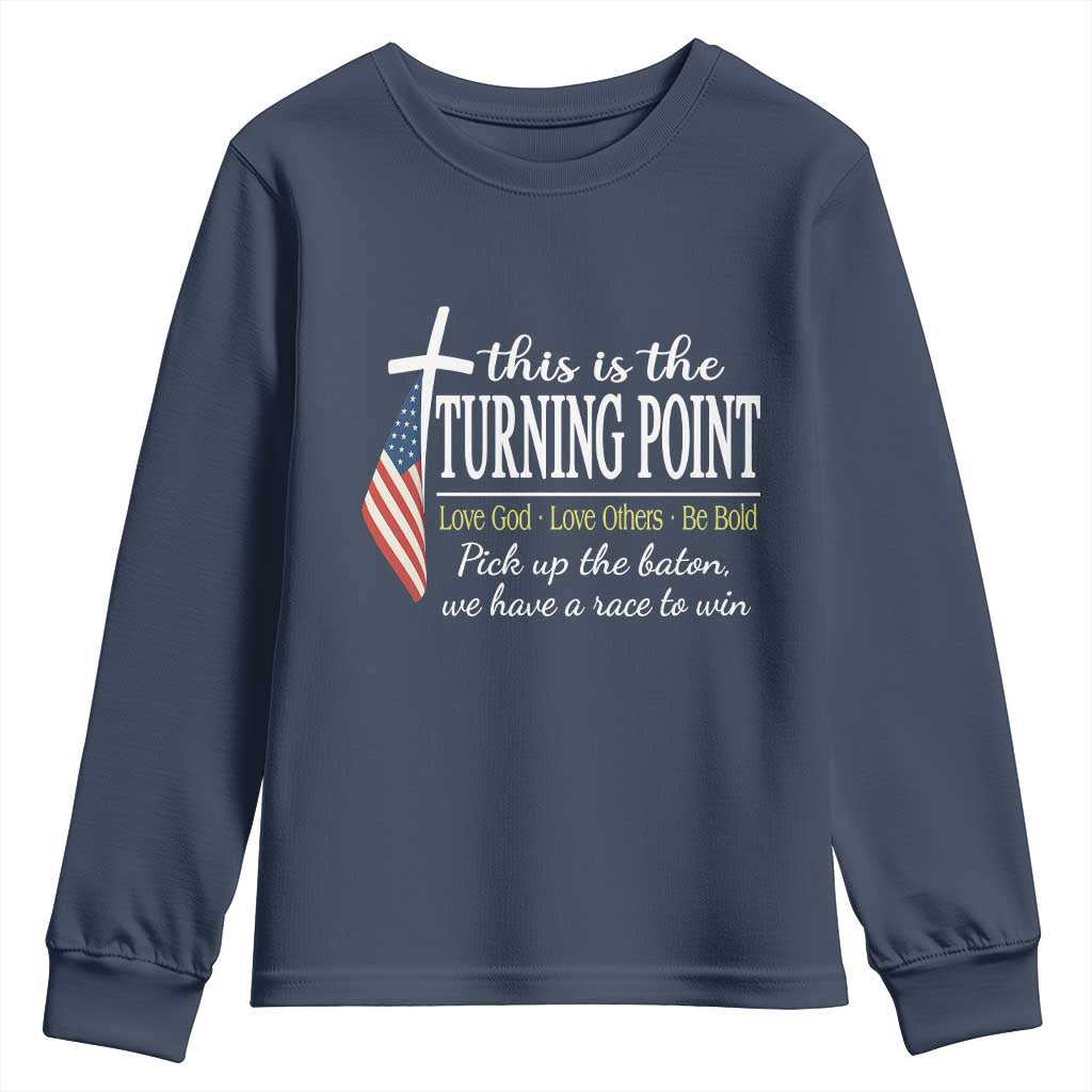 Faith Fueled Turning Point Youth Sweatshirt Christian Patriot Cross and American Flag TS02 Navy Print Your Wear