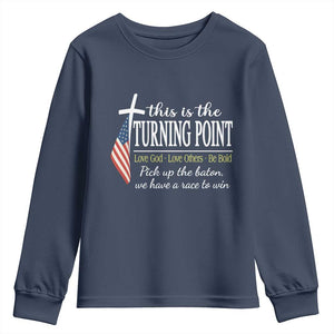 Faith Fueled Turning Point Youth Sweatshirt Christian Patriot Cross and American Flag TS02 Navy Print Your Wear