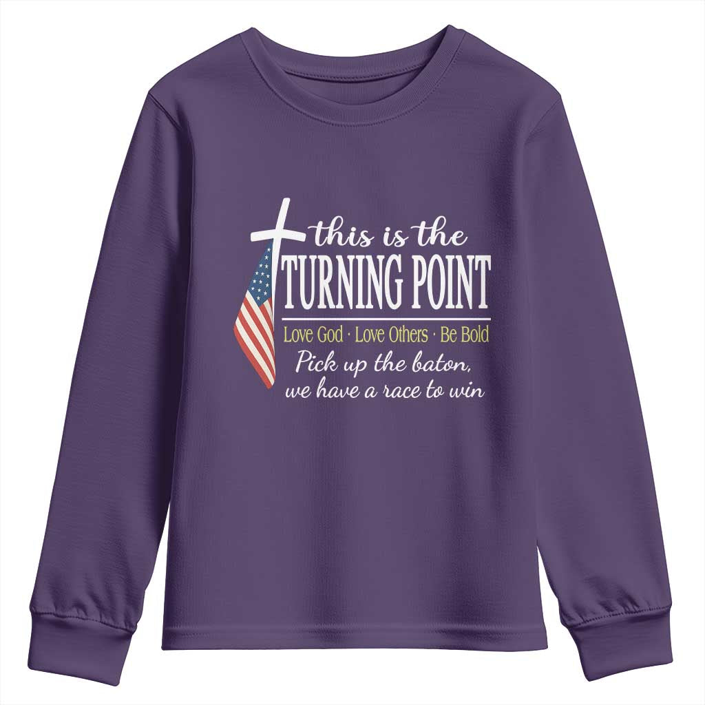 Faith Fueled Turning Point Youth Sweatshirt Christian Patriot Cross and American Flag TS02 Purple Print Your Wear