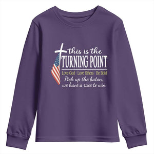 Faith Fueled Turning Point Youth Sweatshirt Christian Patriot Cross and American Flag TS02 Purple Print Your Wear