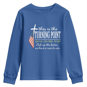 Faith Fueled Turning Point Youth Sweatshirt Christian Patriot Cross and American Flag TS02 Royal Blue Print Your Wear