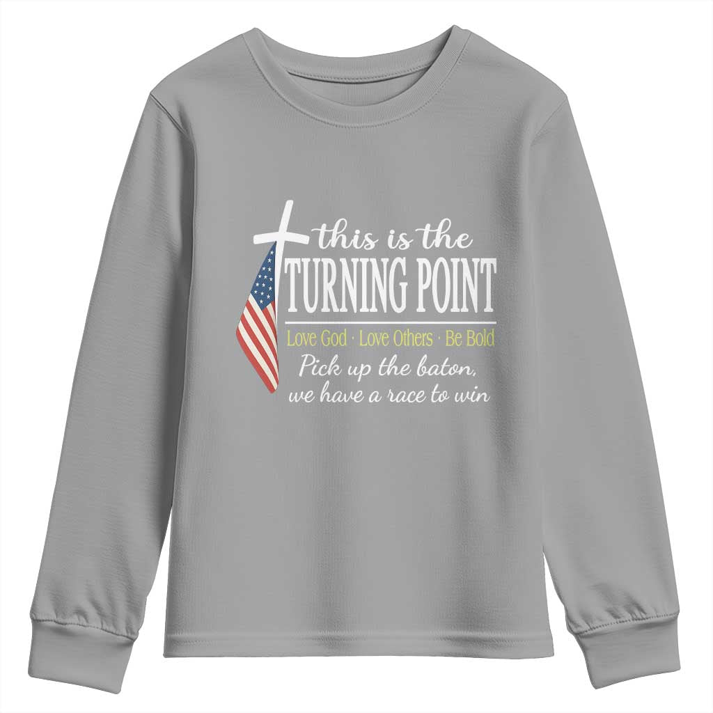 Faith Fueled Turning Point Youth Sweatshirt Christian Patriot Cross and American Flag TS02 Sport Gray Print Your Wear