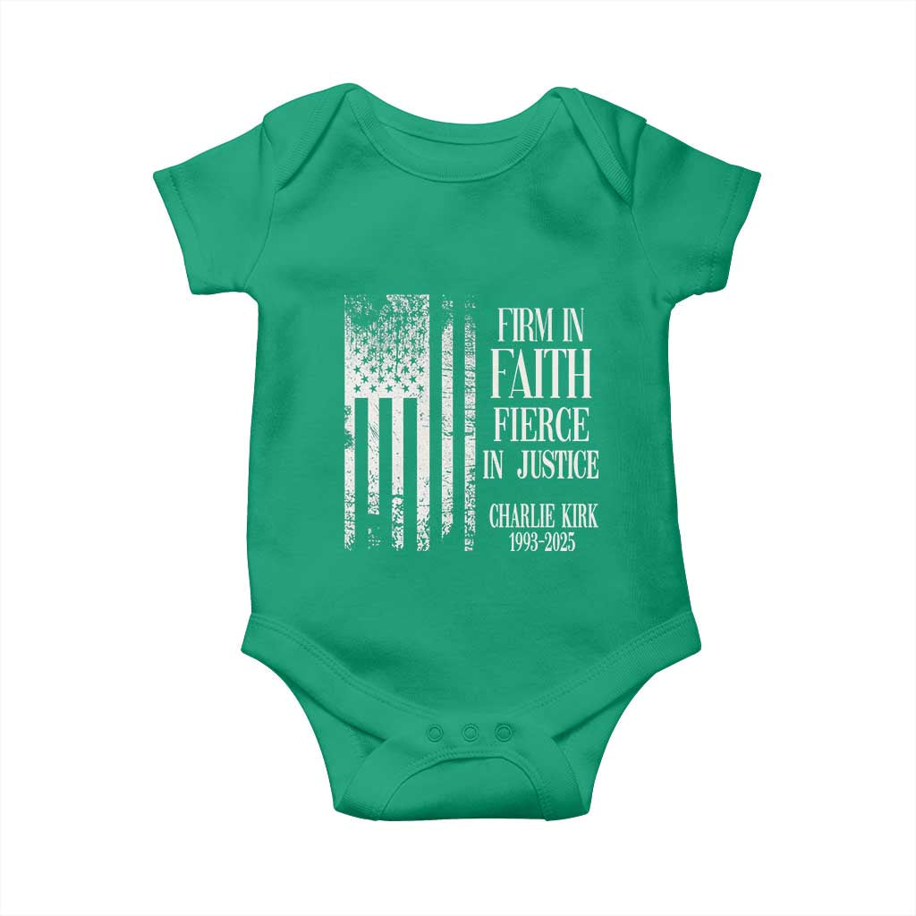 Charlie Kirk Patriotic Memorial Baby Onesie Firm in Faith Fierce in Justice American Flag TS02 Irish Green Print Your Wear