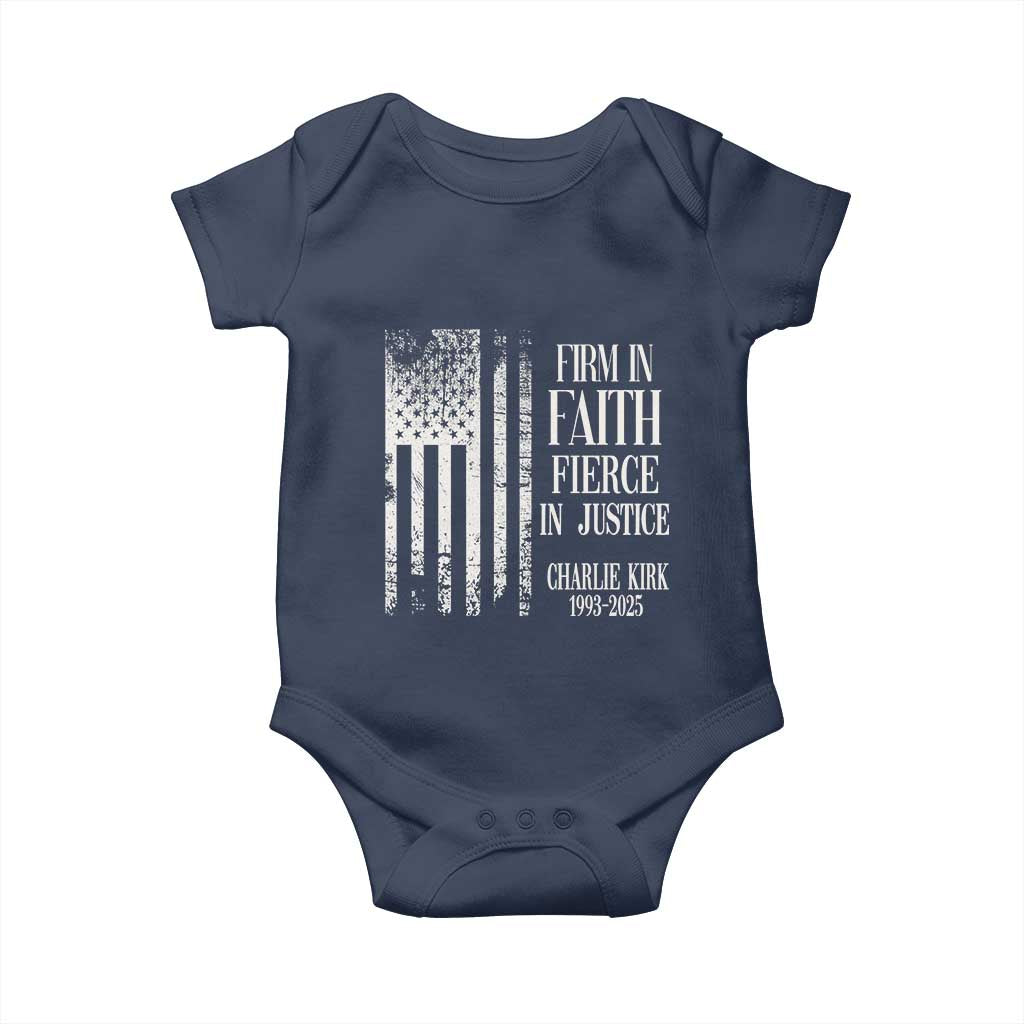 Charlie Kirk Patriotic Memorial Baby Onesie Firm in Faith Fierce in Justice American Flag TS02 Navy Print Your Wear