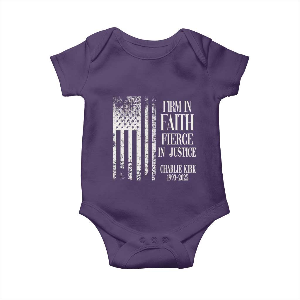 Charlie Kirk Patriotic Memorial Baby Onesie Firm in Faith Fierce in Justice American Flag TS02 Purple Print Your Wear
