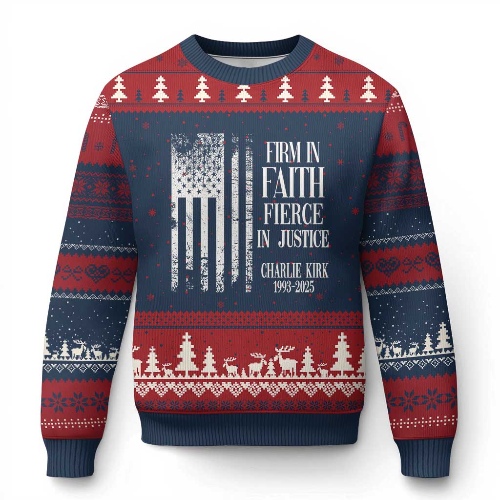 Charlie Kirk Patriotic Memorial Ugly Christmas Sweater Firm in Faith Fierce in Justice American Flag TS02 Navy Red Print Your Wear
