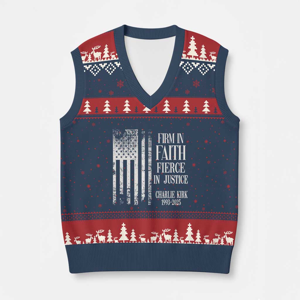 Charlie Kirk Patriotic Memorial V-Neck Knit Sweater Vest Firm in Faith Fierce in Justice American Flag TS02 Navy Red Print Your Wear