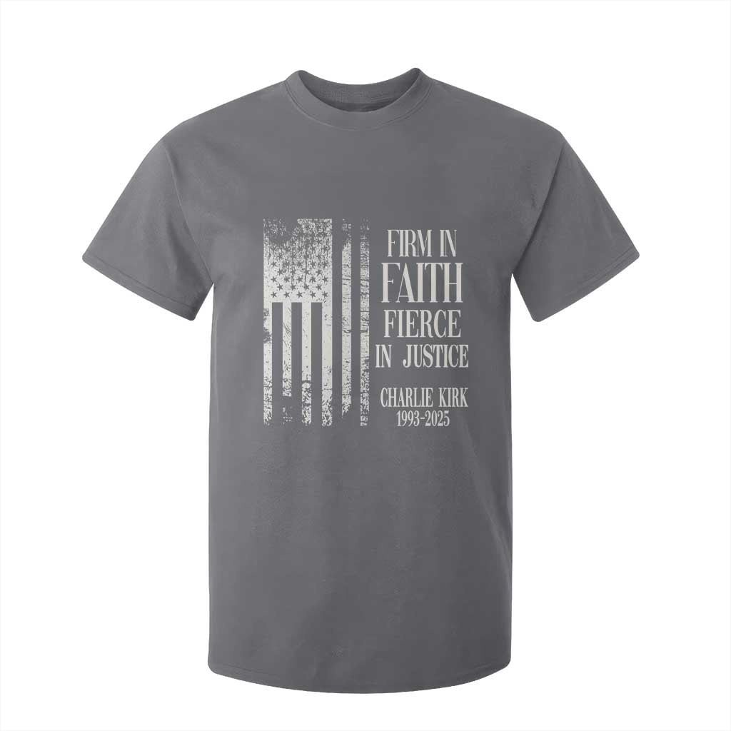 Charlie Kirk Patriotic Memorial T Shirt For Kid Firm in Faith Fierce in Justice American Flag TS02 Charcoal Print Your Wear